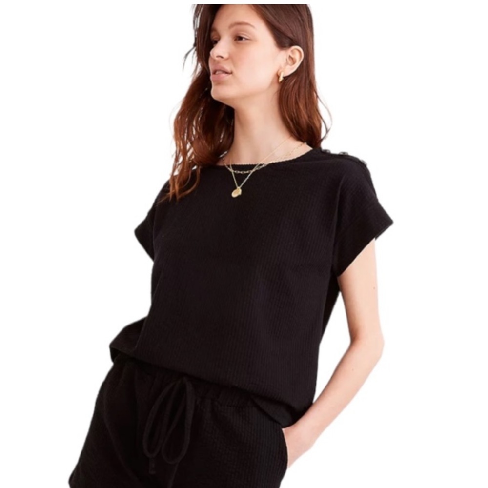 Madewell Seersucker Button Shoulder Top in Black